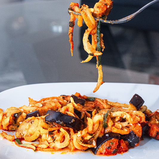 Spicy eggplant with zucchini noodles