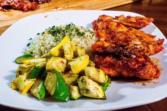 Balsamic Chicken with roasted veggies over cauliflower rice